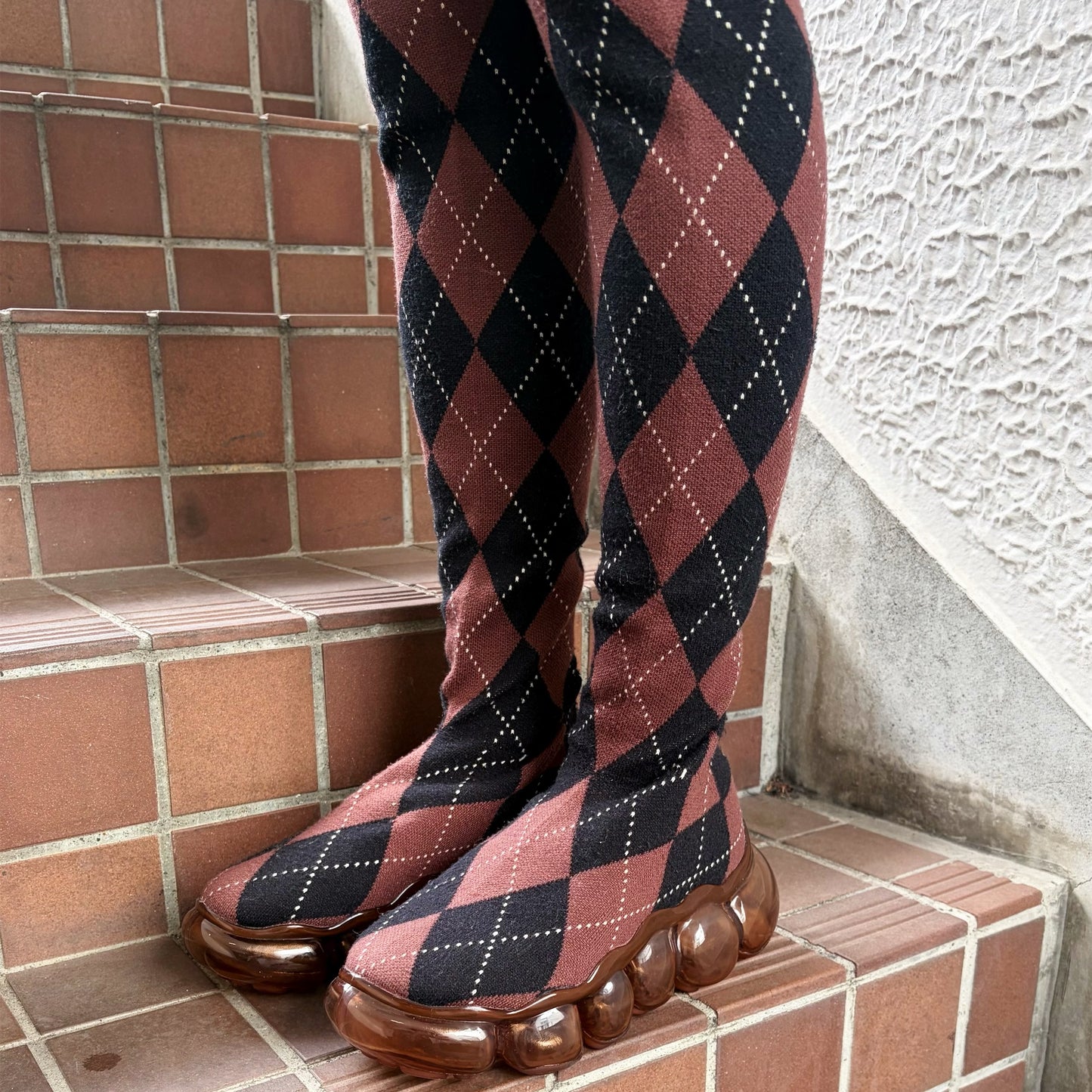 JEWELRY LONG ARGYLE SOCKS / BROWN / ニーハイソックスシューズ