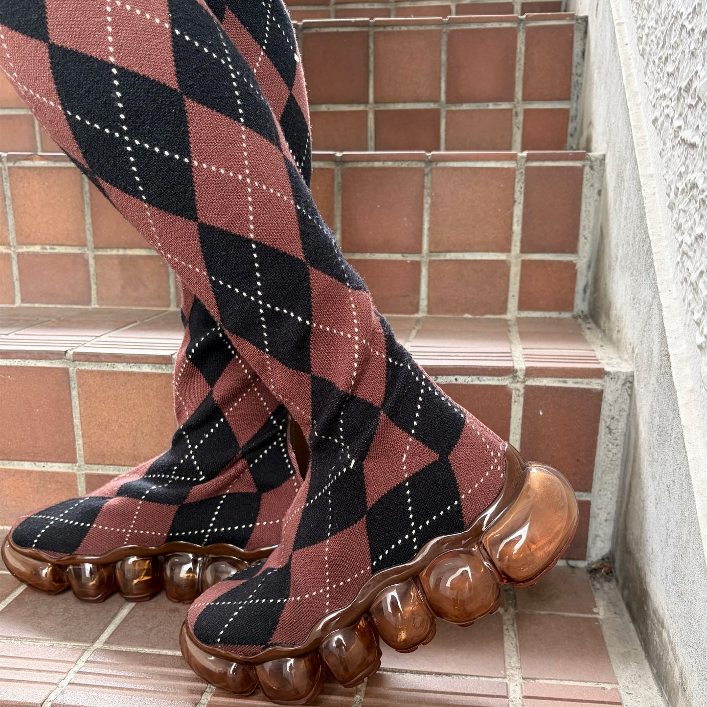 JEWELRY LONG ARGYLE SOCKS / BROWN / ニーハイソックスシューズ