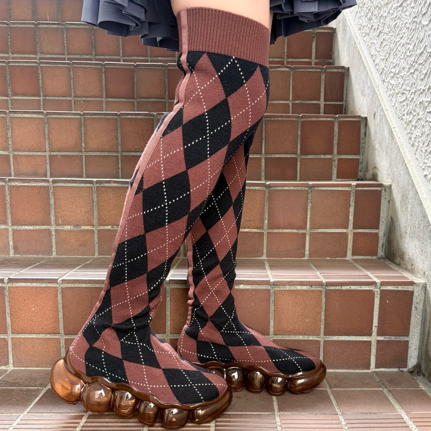 JEWELRY LONG ARGYLE SOCKS / BROWN / ニーハイソックスシューズ