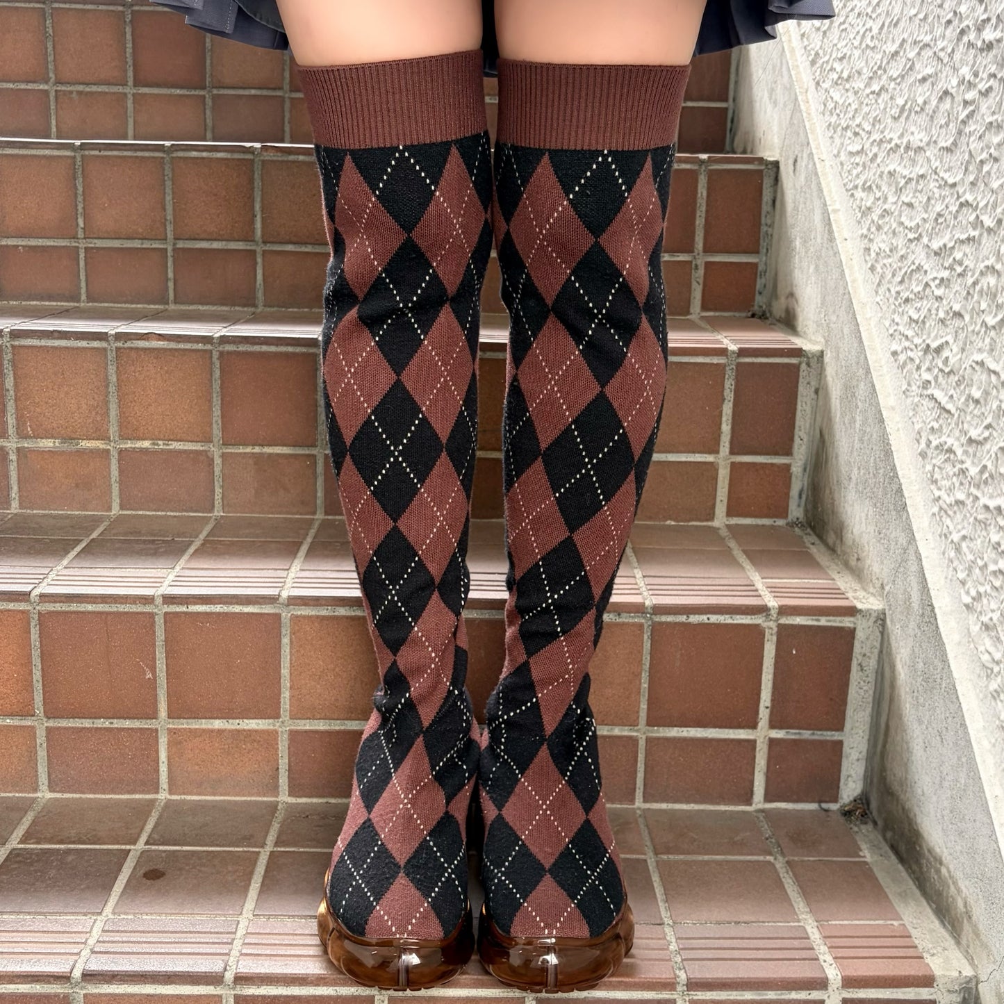 JEWELRY LONG ARGYLE SOCKS / BROWN / ニーハイソックスシューズ