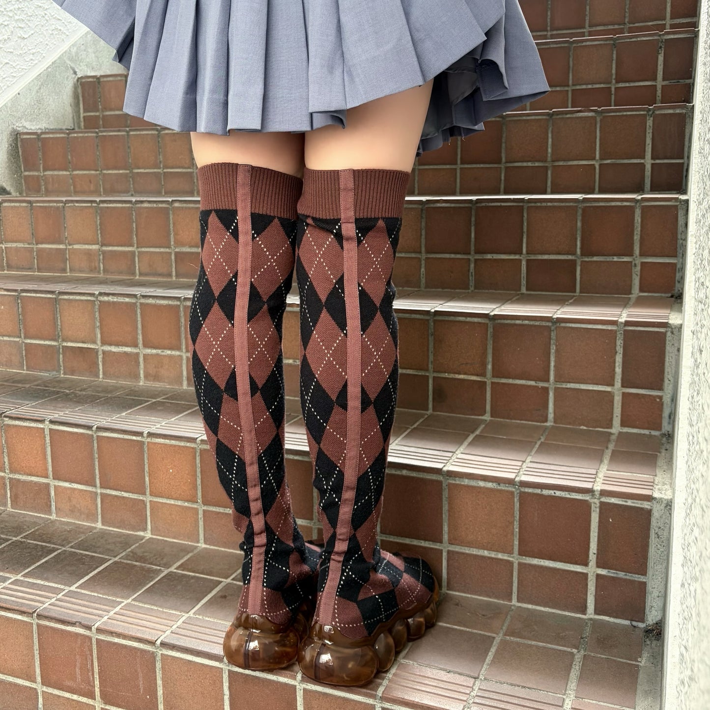 JEWELRY LONG ARGYLE SOCKS / BROWN / ニーハイソックスシューズ