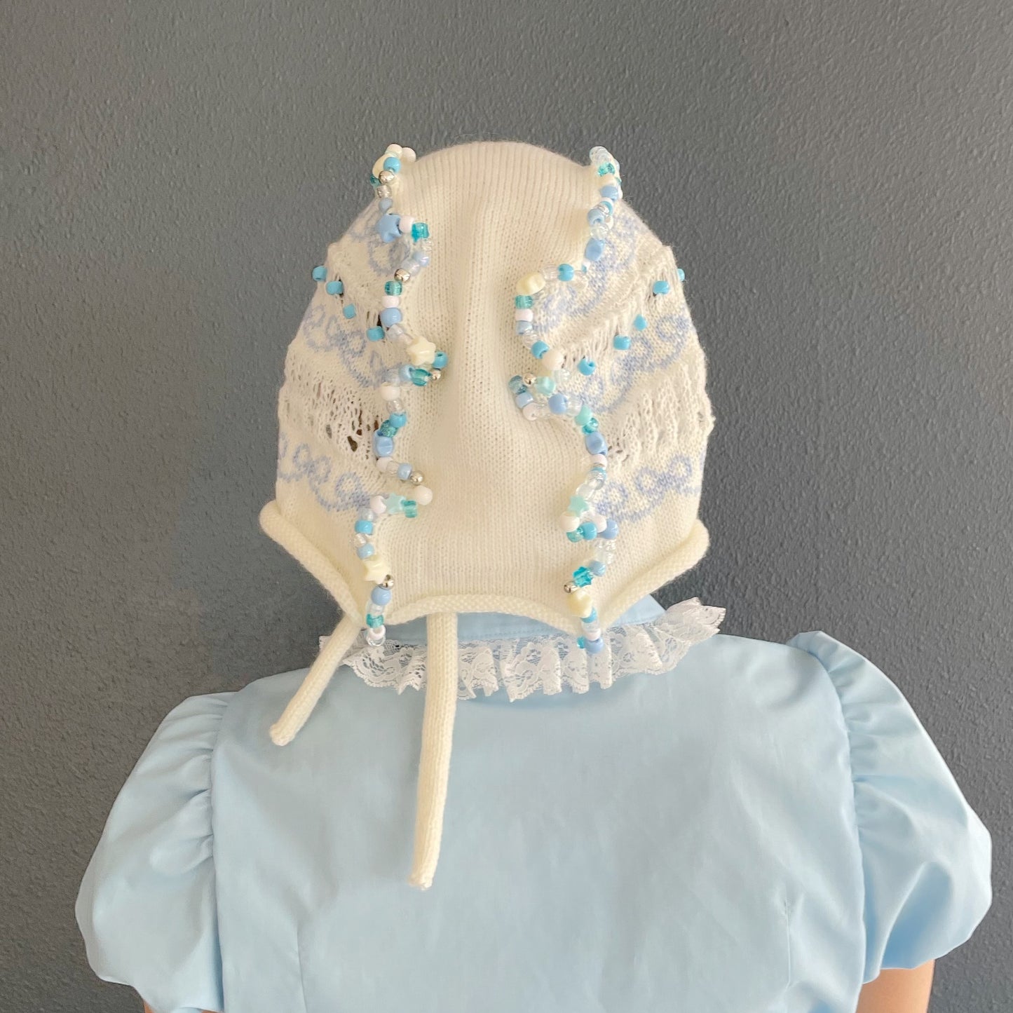 Frill knitted ribbon hat / White × Blue / フリルニットリボンハット
