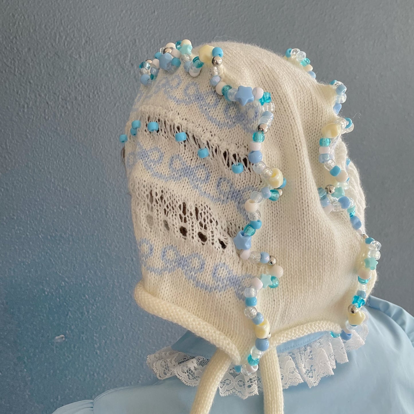 Frill knitted ribbon hat / White × Blue / フリルニットリボンハット