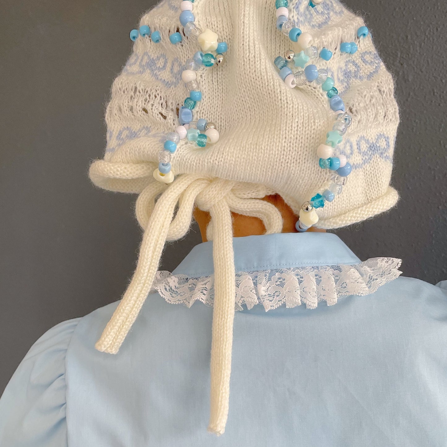 Frill knitted ribbon hat / White × Blue / フリルニットリボンハット