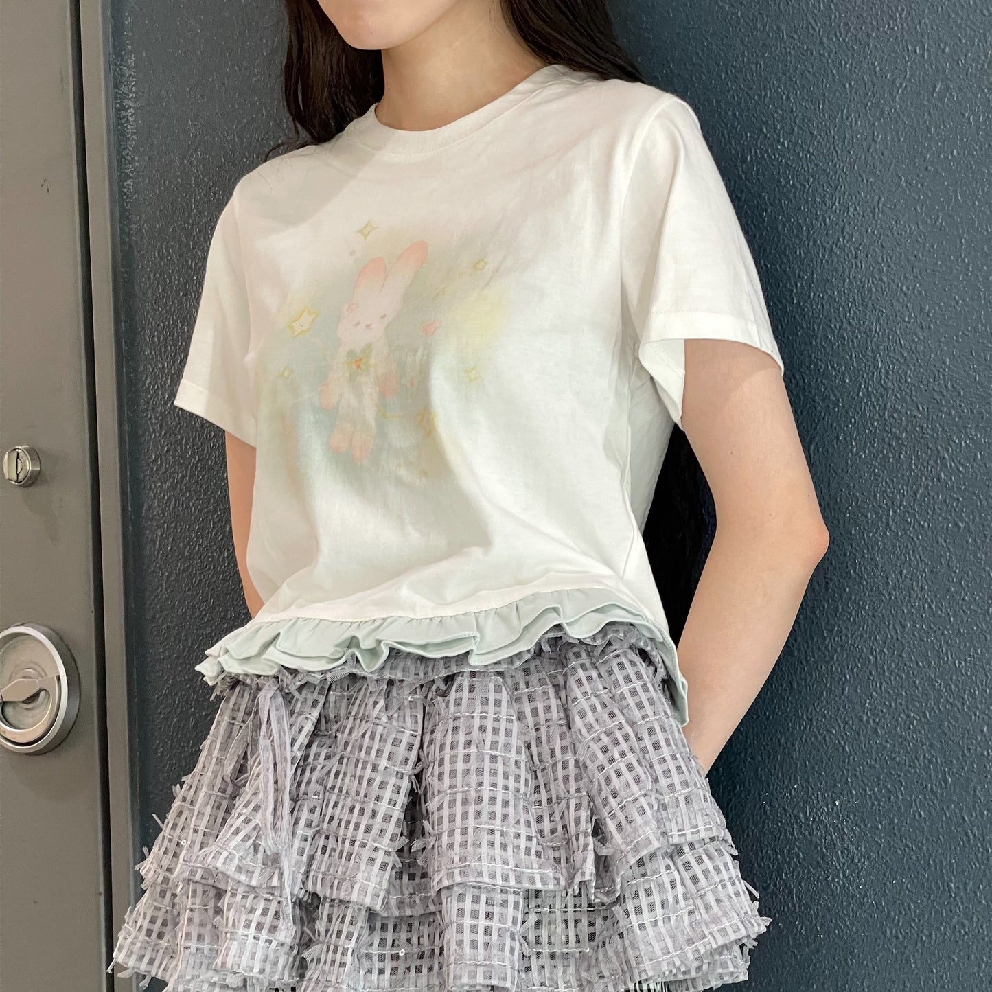 [Jolie laide x plasticpeco]Cosmic bunny cropped t-shirt / White/ コラボレーションTシャツ