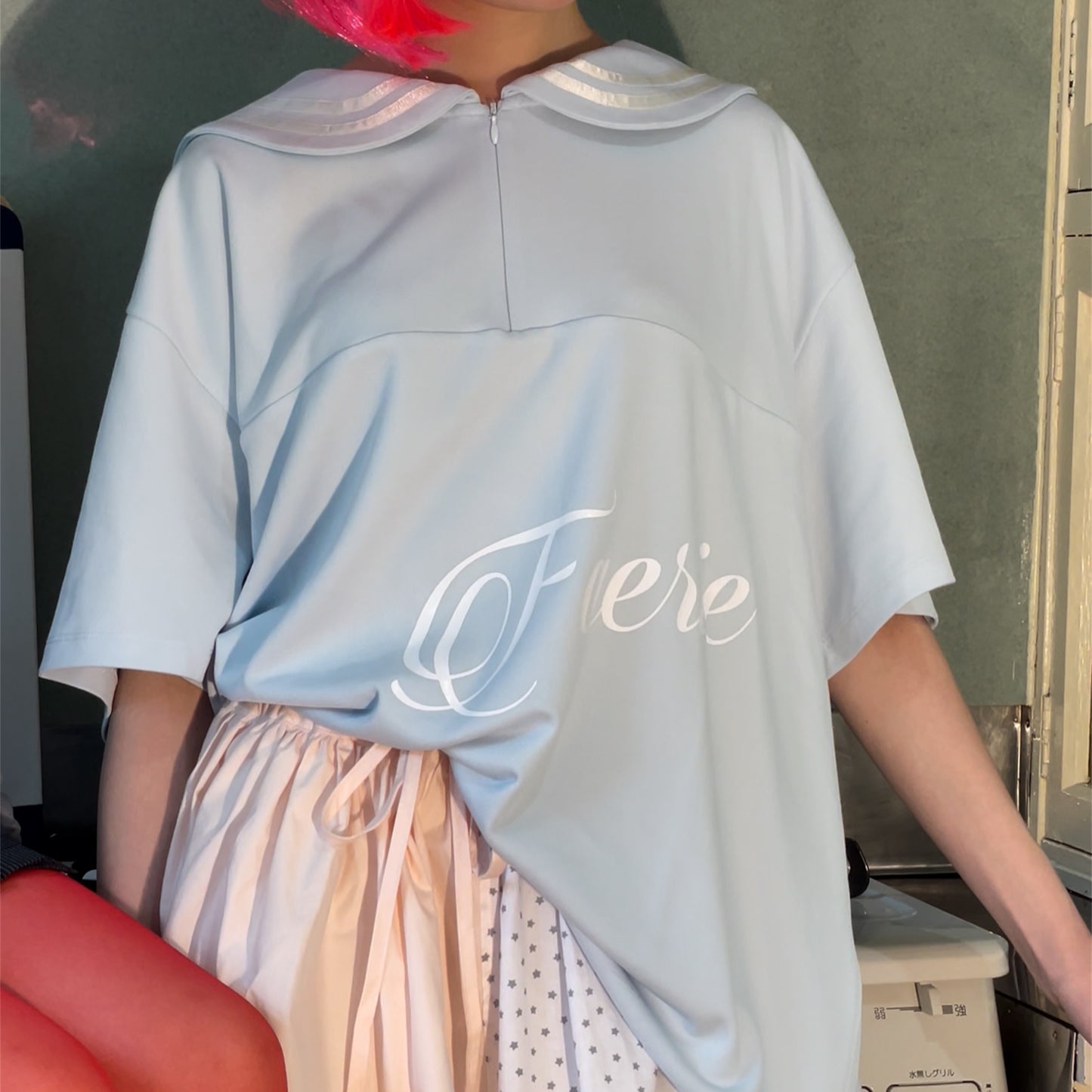 ★fa.er.ie★sailor collar mesh loose top(sky blue)韓国送料込 fa.er.ie] sailor collar mesh loose top / sky blue / セーラー