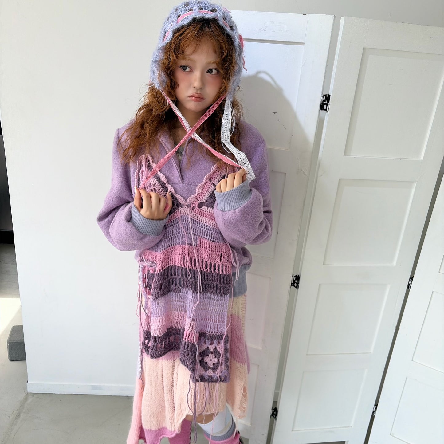 Knit Layered shirt top / Purple / ニットレイヤードトップ