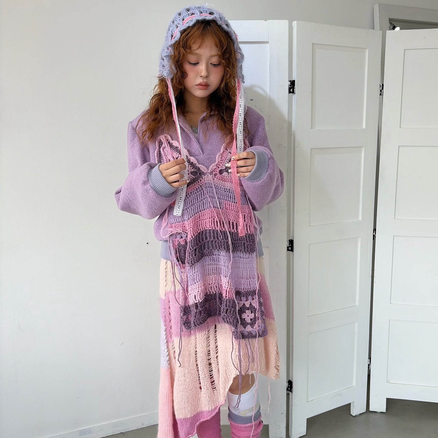 Knit Layered shirt top / Purple / ニットレイヤードトップ