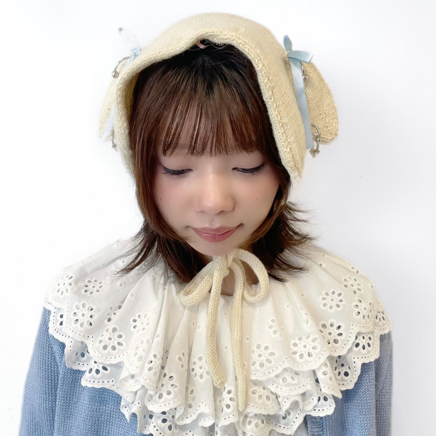 Bunny ear warmer / Ivory x Blue / バニーイヤーウォーマー