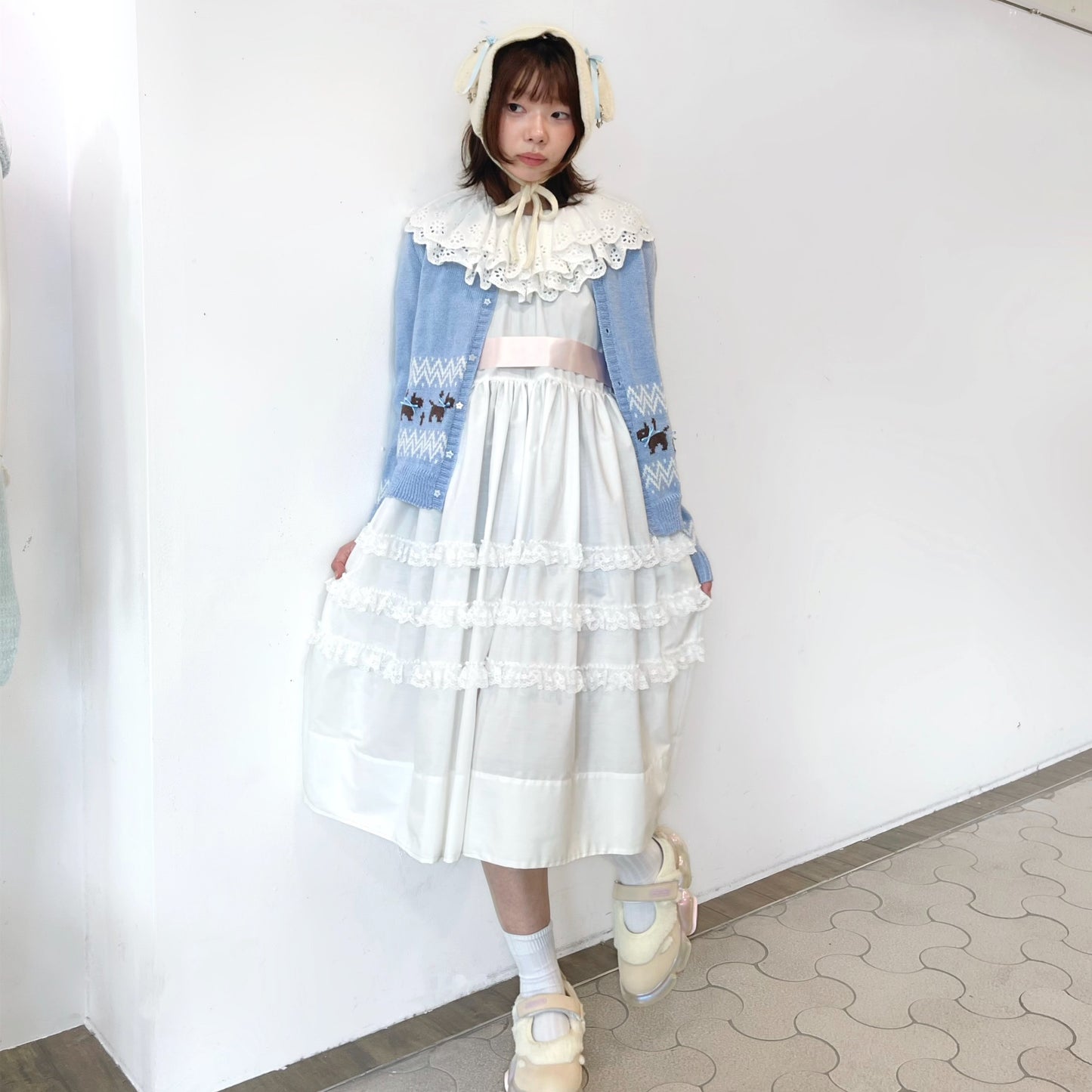 Bunny ear warmer / Ivory x Blue / バニーイヤーウォーマー