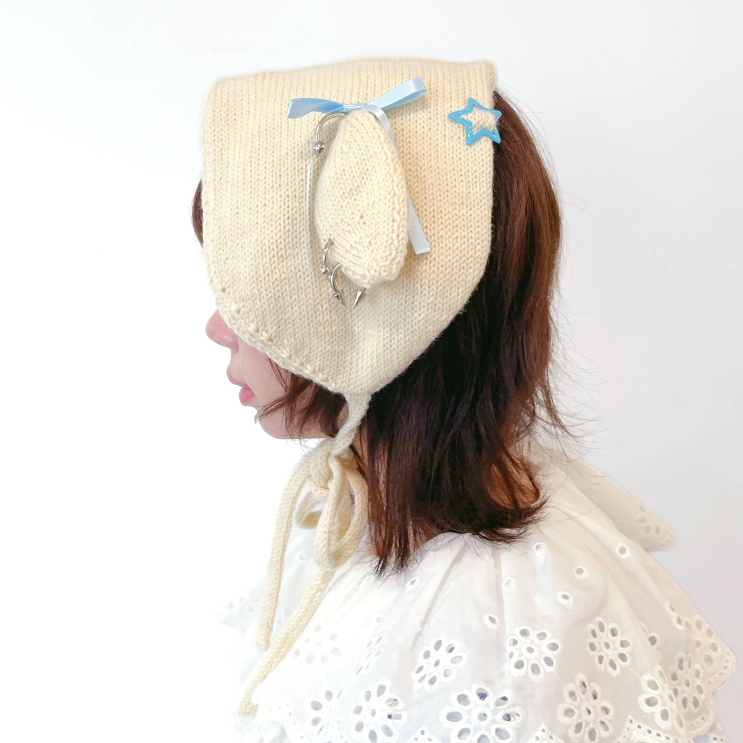 Bunny ear warmer / Ivory x Blue / バニーイヤーウォーマー