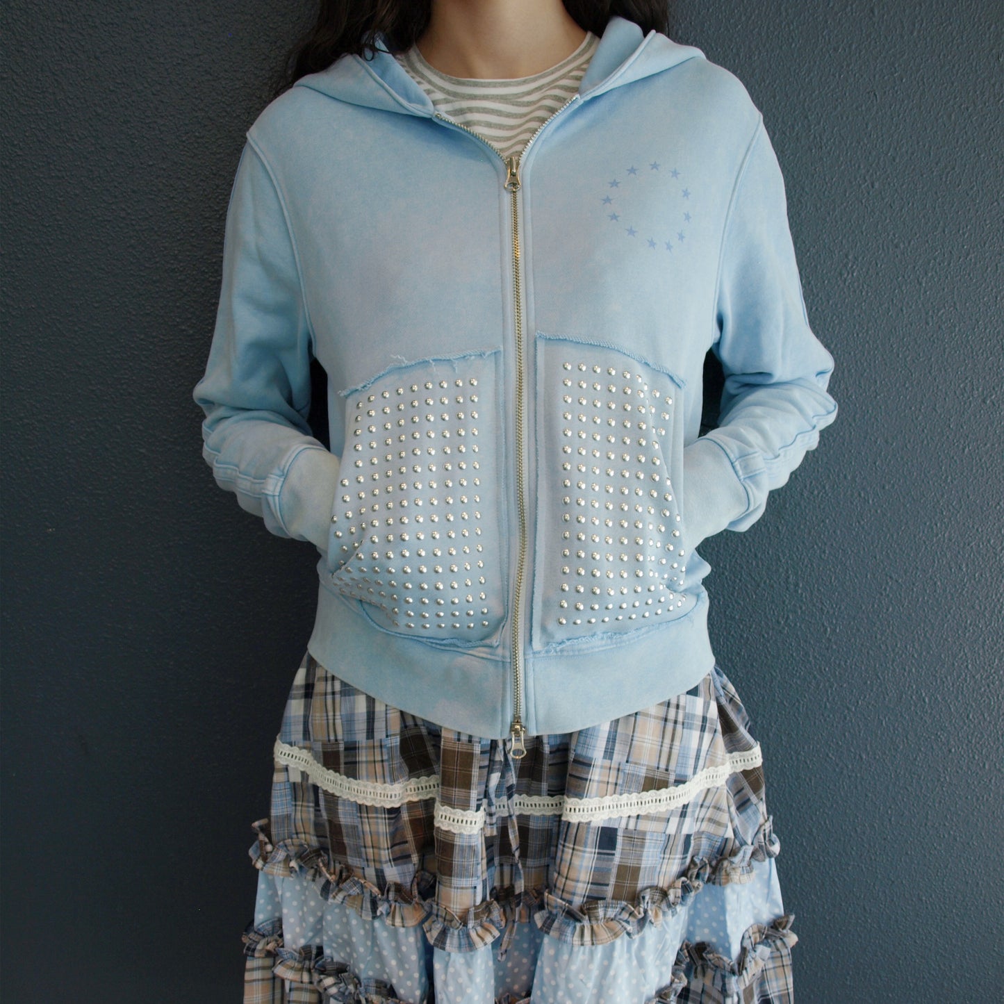 Washed Rhinestone Zip Hoodie / Blue / ウォッシュ加工ジップフーディー