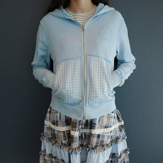 Washed Rhinestone Zip Hoodie / Blue / ウォッシュ加工ジップフーディー