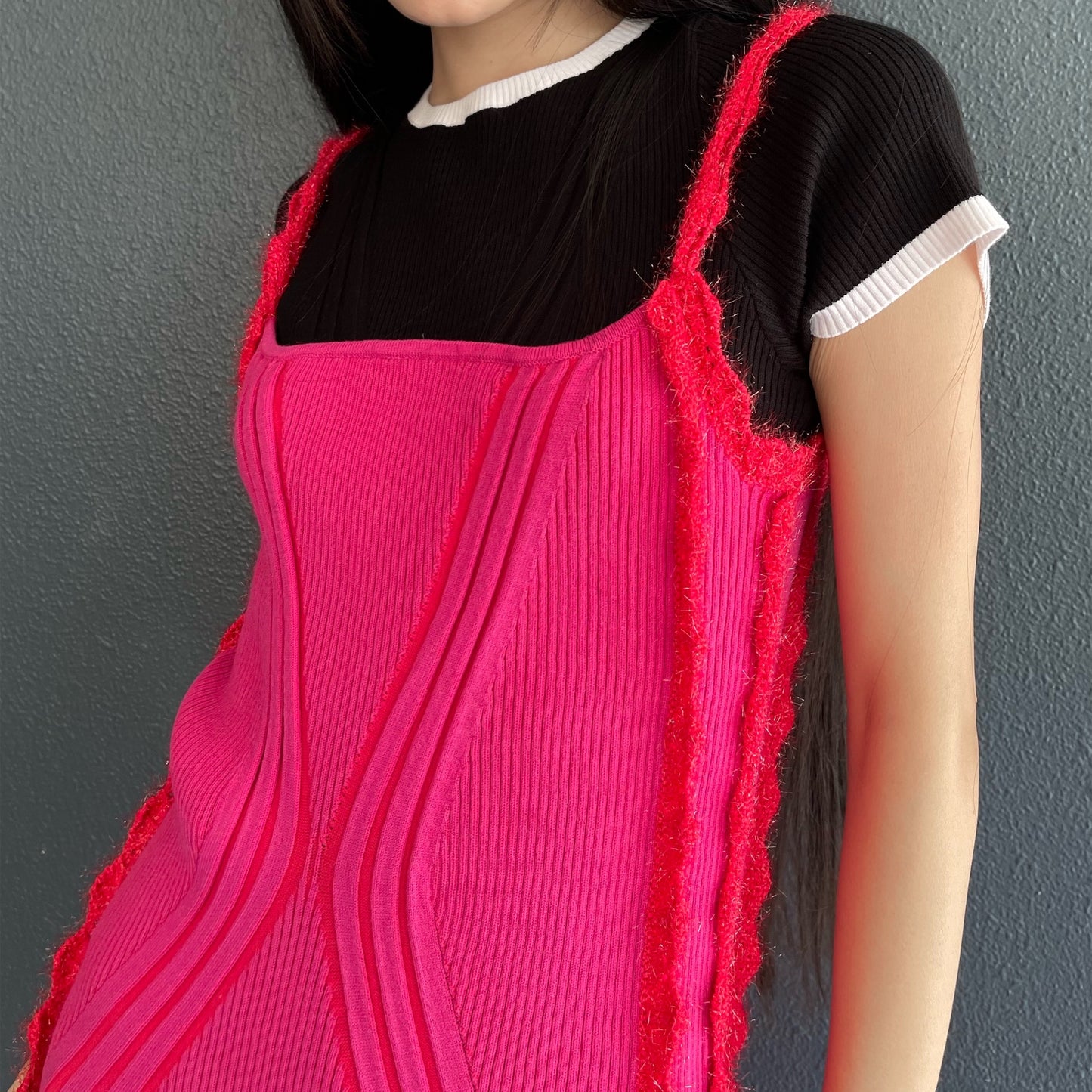 X Dress with Monster Trimming / deep pink×red / リブニットドレス