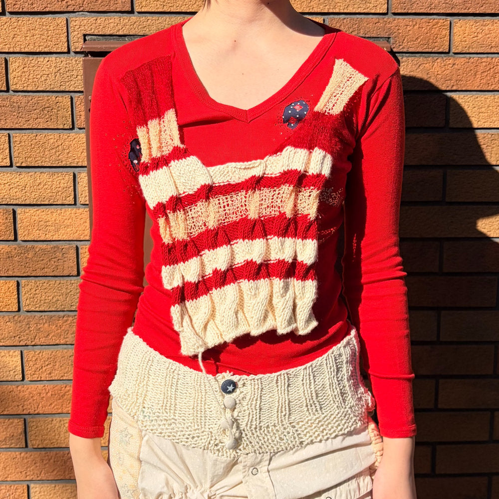 Please! ticket / Red / ニットロングスリーブTシャツ