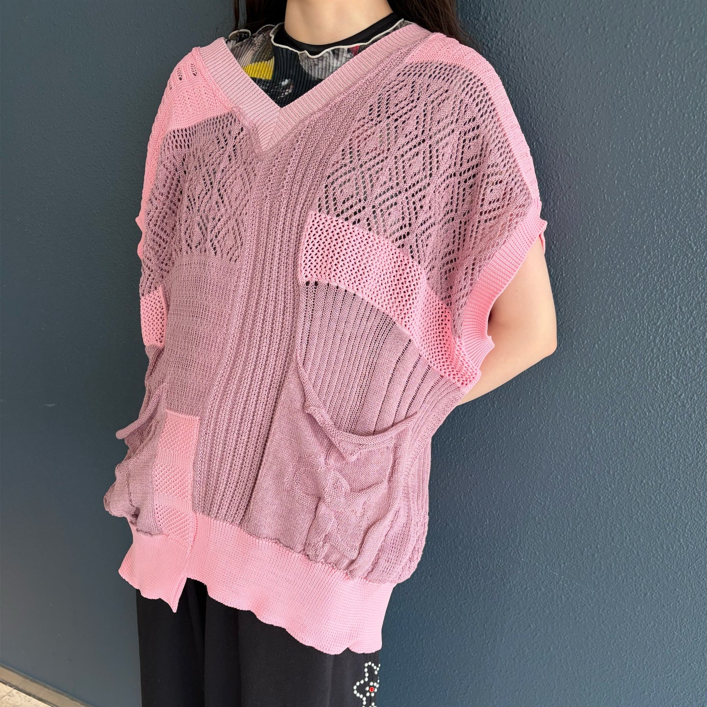 MIXED-KNIT VEST_REFLECTIVE RIB / PINK / リフレクターニットベスト