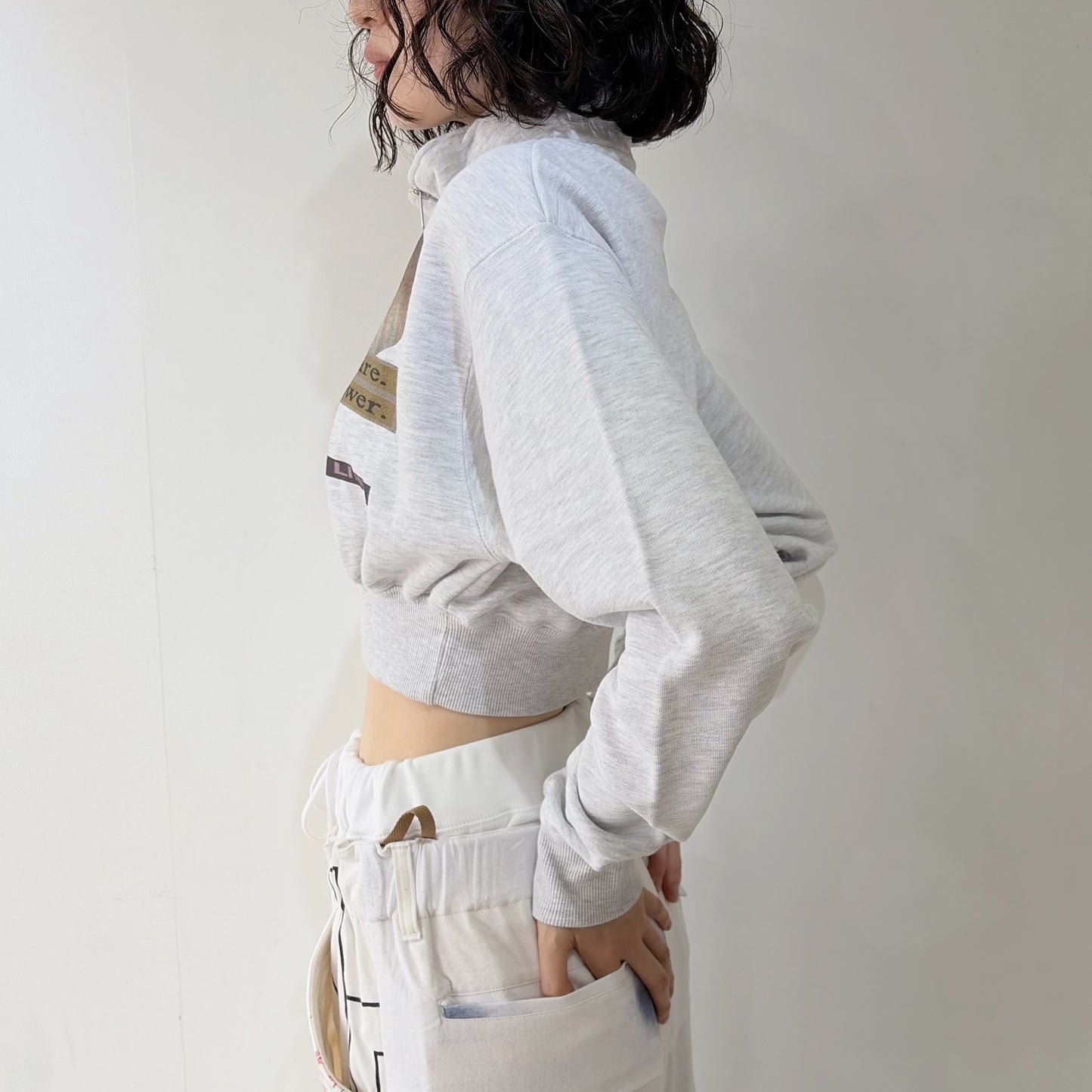 CROPPED HALF-ZIP "MAIN CHARACTER" SWEAT / GRAY / ハーフジップスウェット