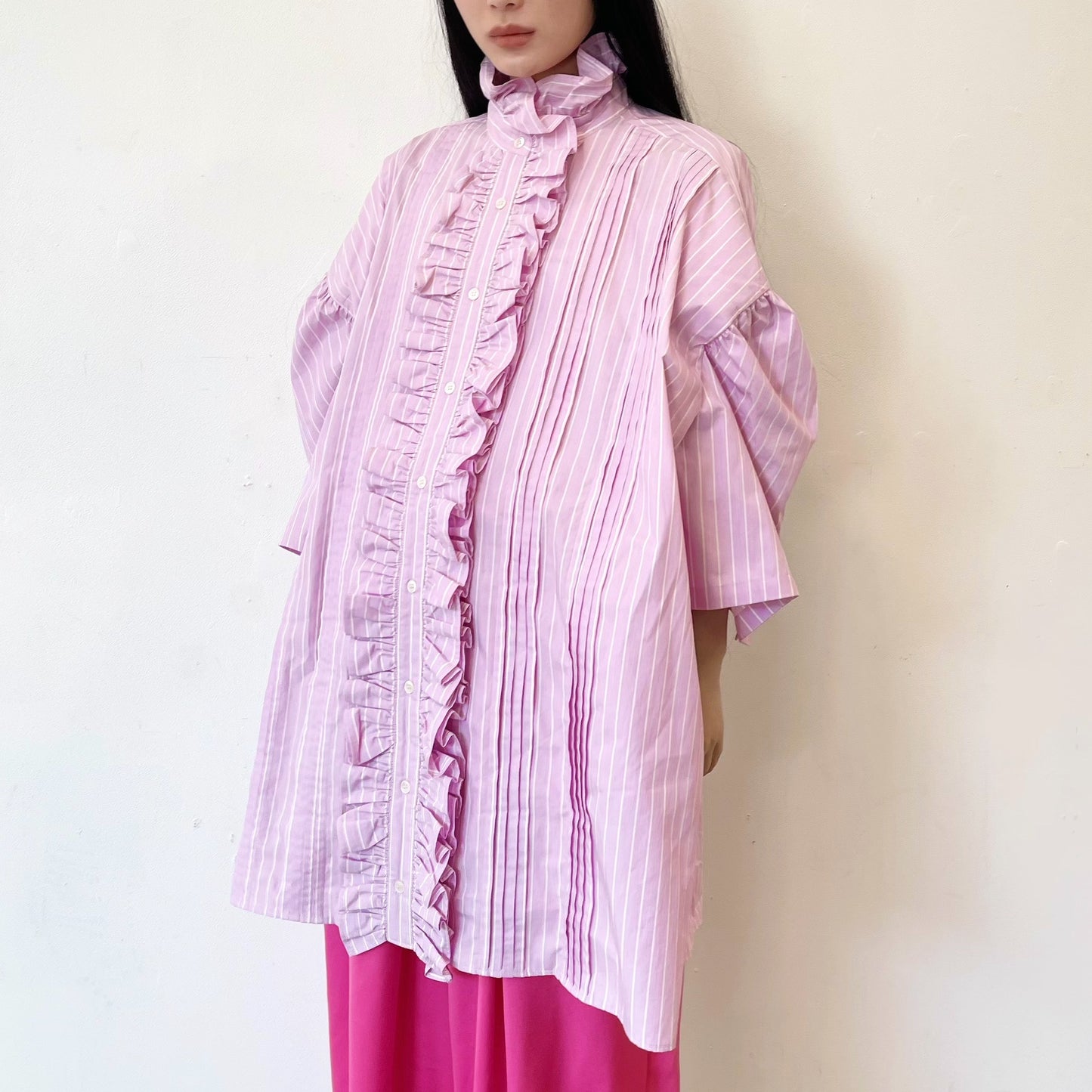 RUFFLE HALF SLEEVE SHIRT / PINK / フリルシャツ