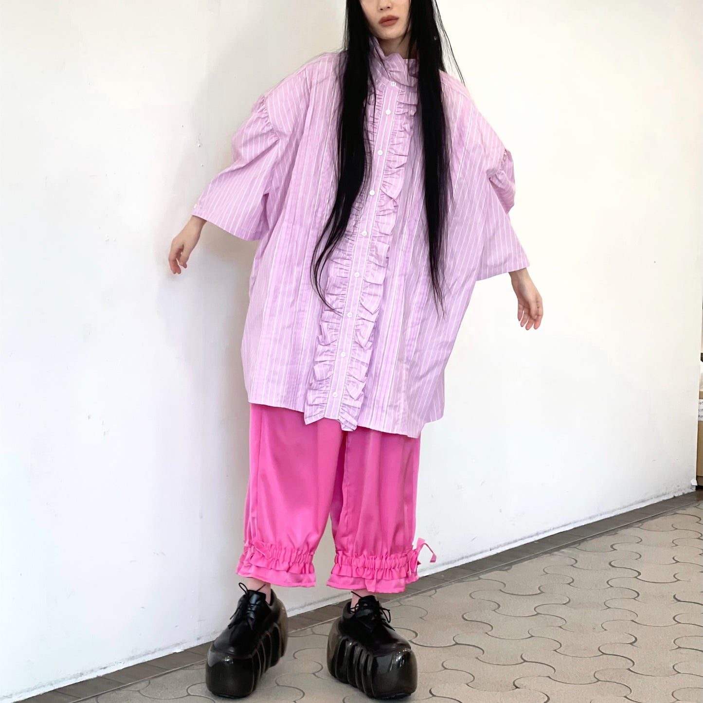 RUFFLE HALF SLEEVE SHIRT / PINK / フリルシャツ