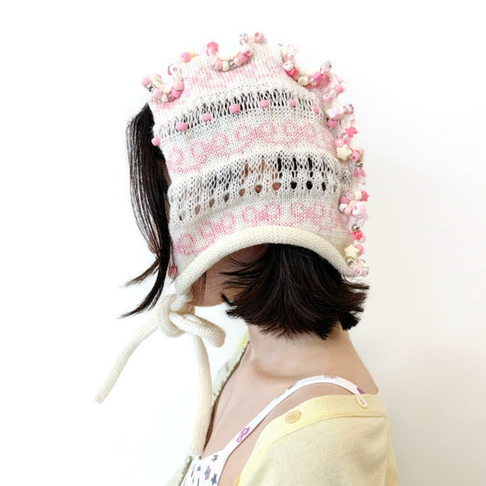 Frill knitted ribbon hat / White × Pink / フリルニットリボンハット