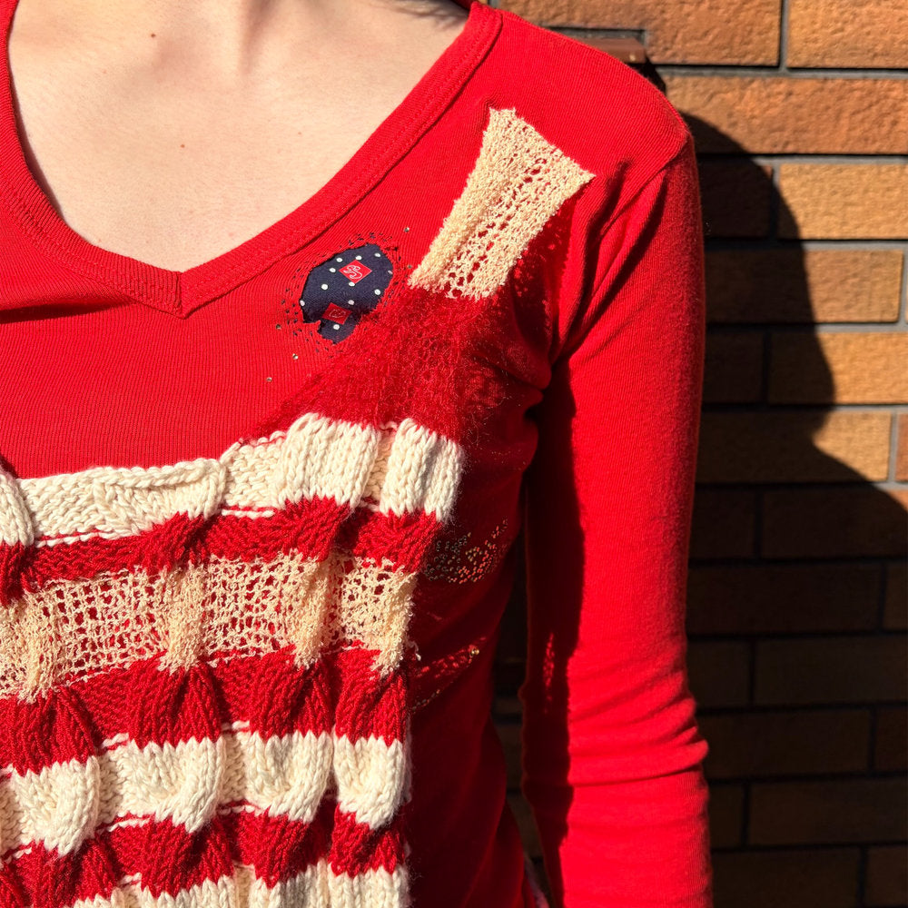 Please! ticket / Red / ニットロングスリーブTシャツ