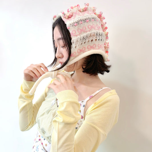 Frill knitted ribbon hat / White × Pink / フリルニットリボンハット