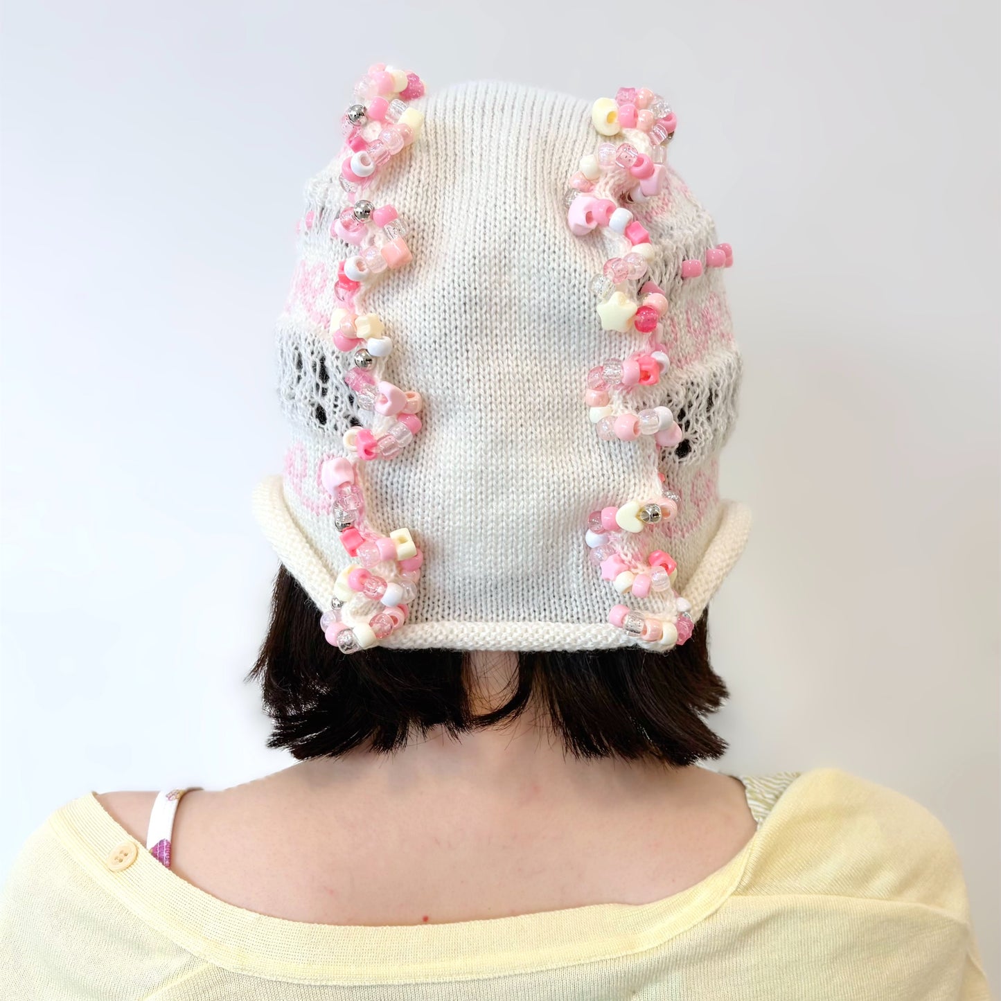 Frill knitted ribbon hat / White × Pink / フリルニットリボンハット