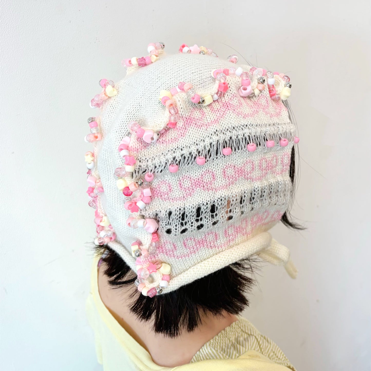 Frill knitted ribbon hat / White × Pink / フリルニットリボンハット
