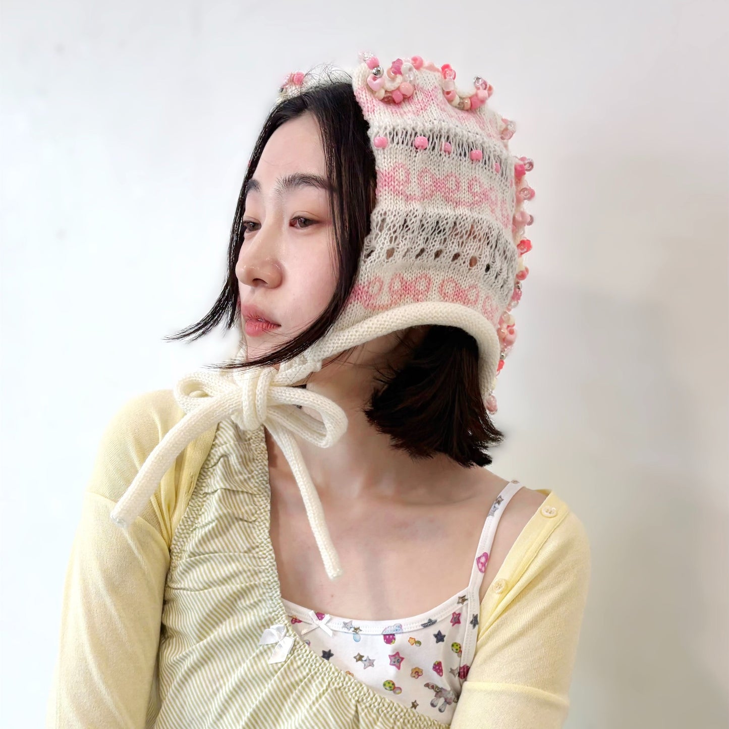 Frill knitted ribbon hat / White × Pink / フリルニットリボンハット