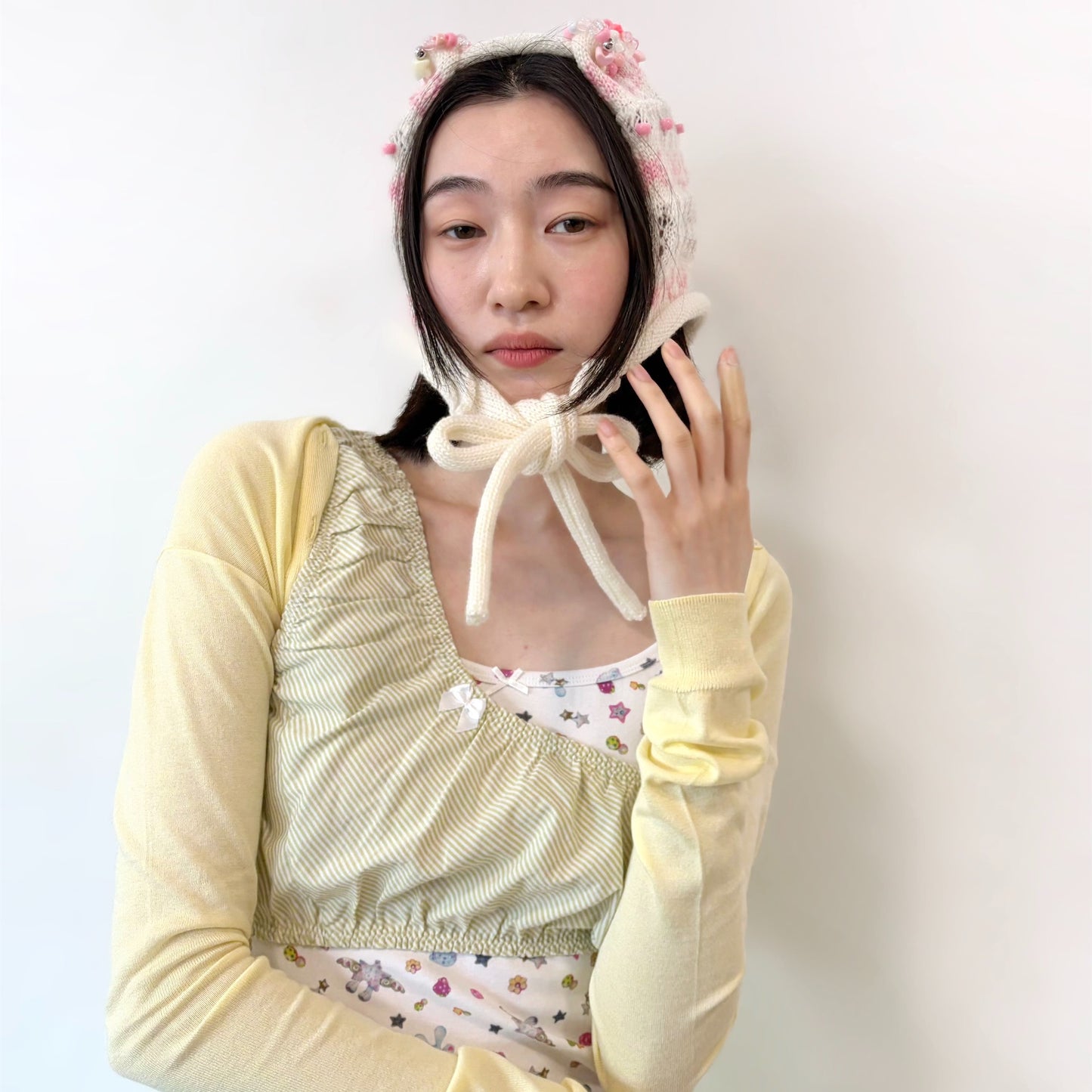 Frill knitted ribbon hat / White × Pink / フリルニットリボンハット