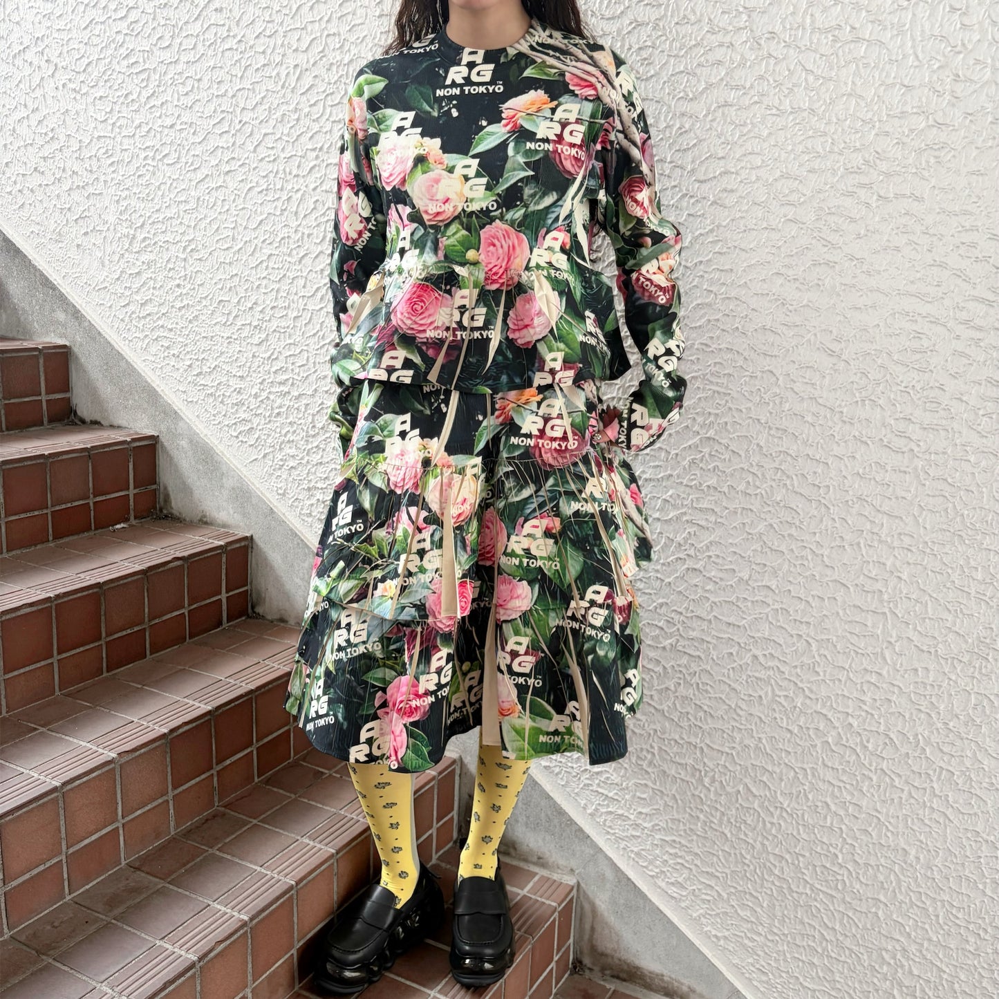DIRECT PRINT RIB GATHER CUT&SEW / ARG ROSE / ダイレクトプリントリブギャザーカットソー
