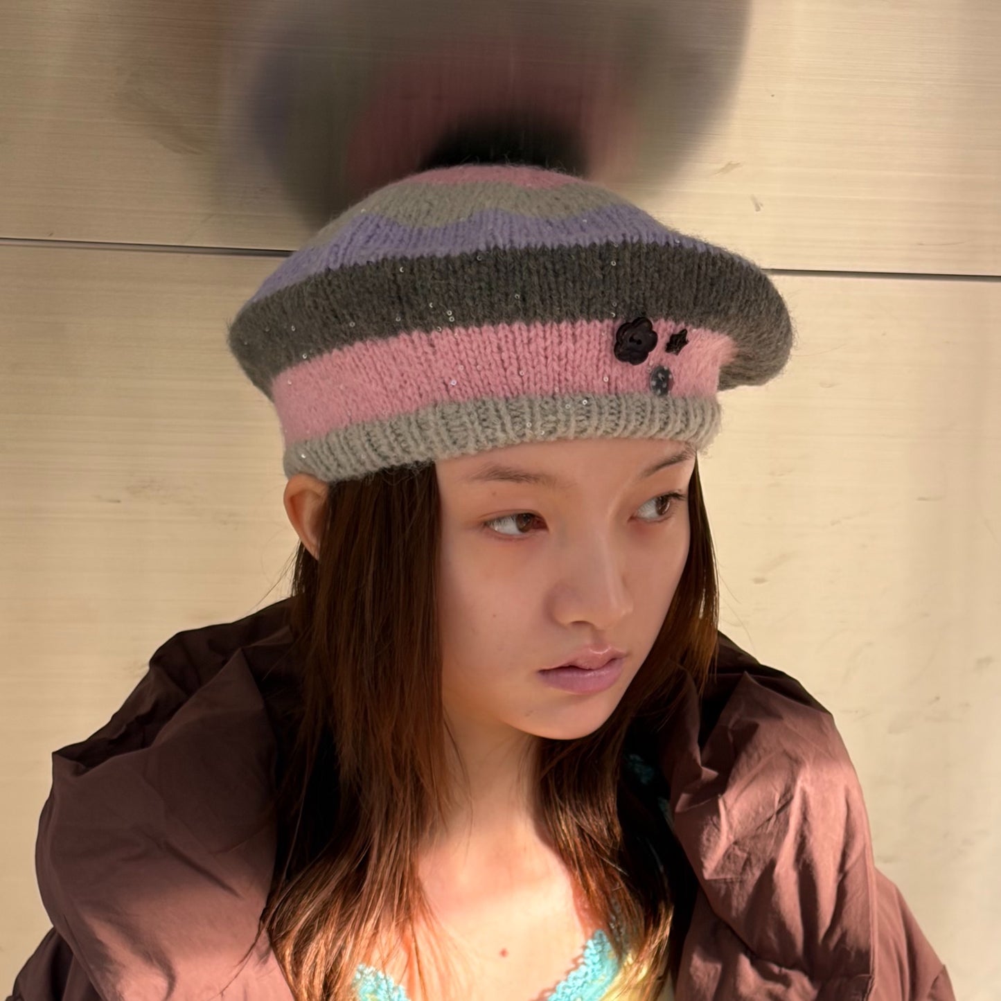 Stripe Button Knit Beret / Purple / ストライプベレー