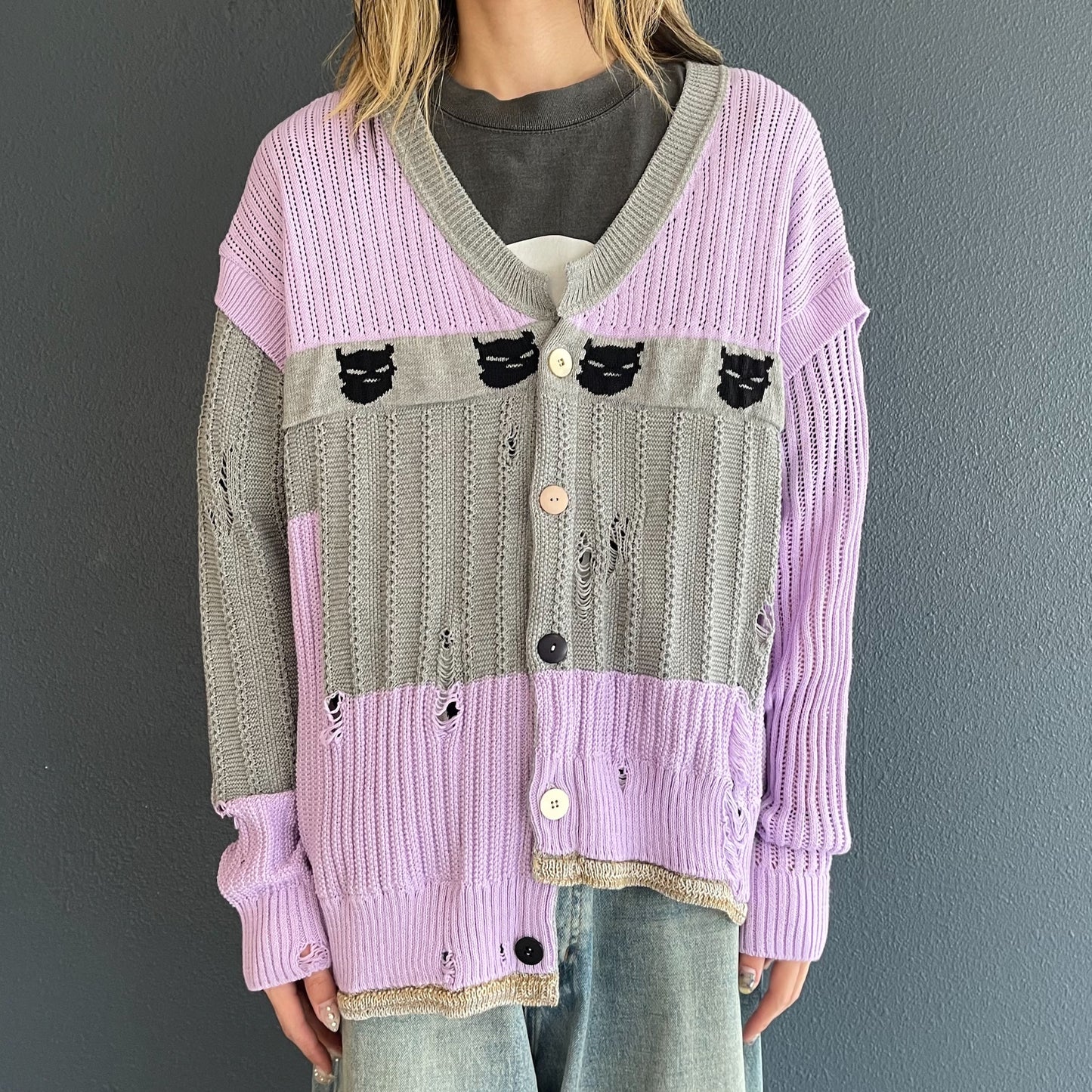 REVERSIBLE DISTRESSED SUMMER KNIT CARDIGAN/CHARACTER/ATOZ  / PURPLE / リバーシブルニットカーディガン