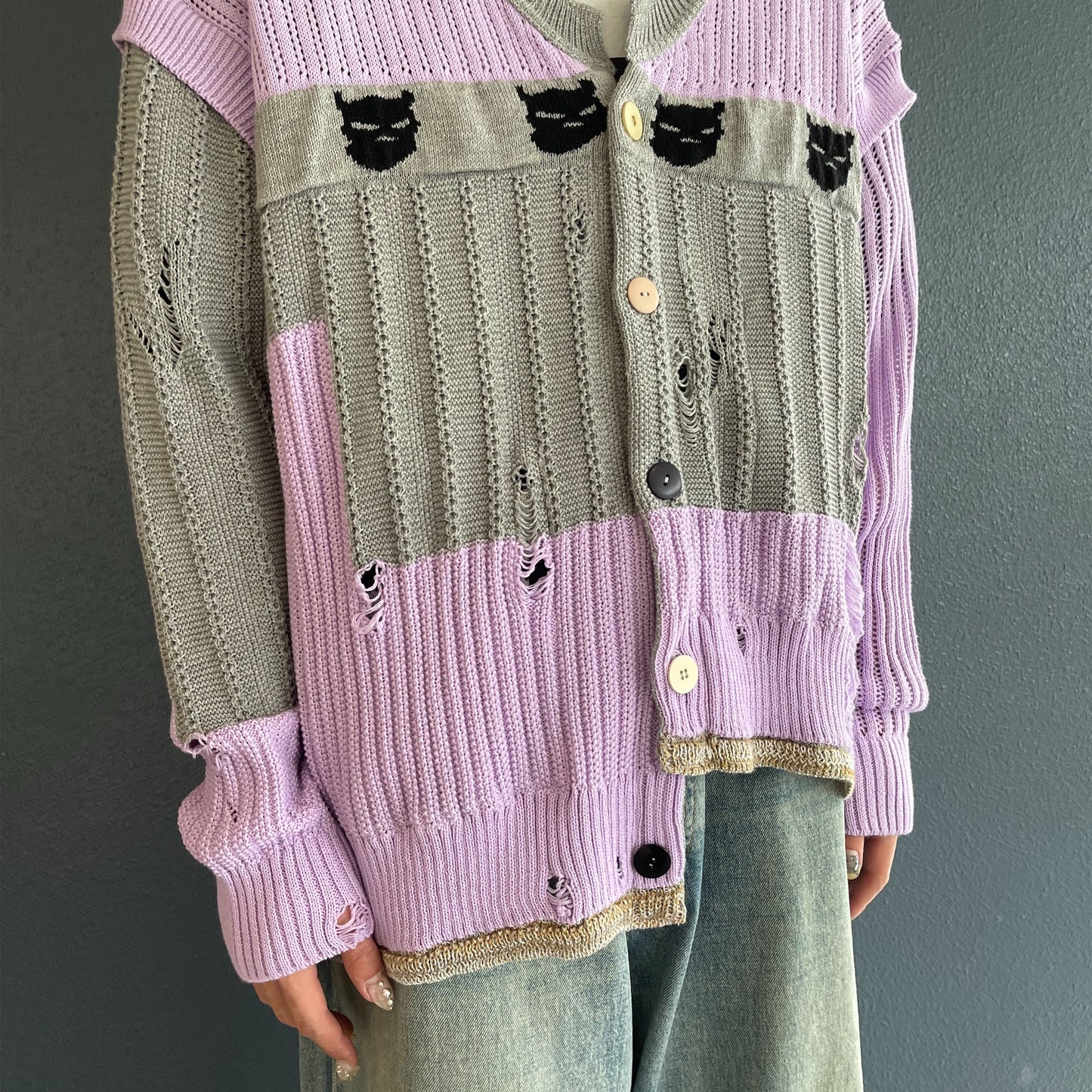 REVERSIBLE DISTRESSED SUMMER KNIT CARDIGAN/CHARACTER/ATOZ  / PURPLE / リバーシブルニットカーディガン