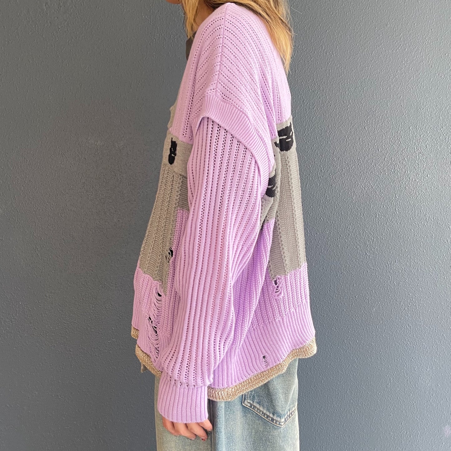 REVERSIBLE DISTRESSED SUMMER KNIT CARDIGAN/CHARACTER/ATOZ  / PURPLE / リバーシブルニットカーディガン