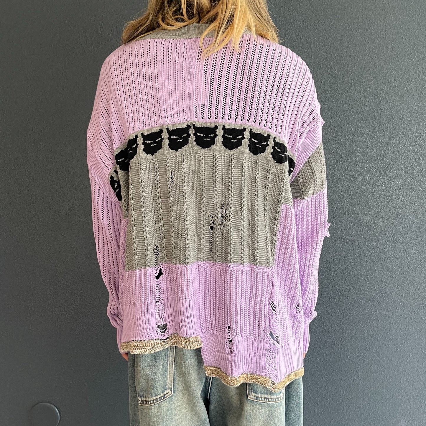 REVERSIBLE DISTRESSED SUMMER KNIT CARDIGAN/CHARACTER/ATOZ  / PURPLE / リバーシブルニットカーディガン