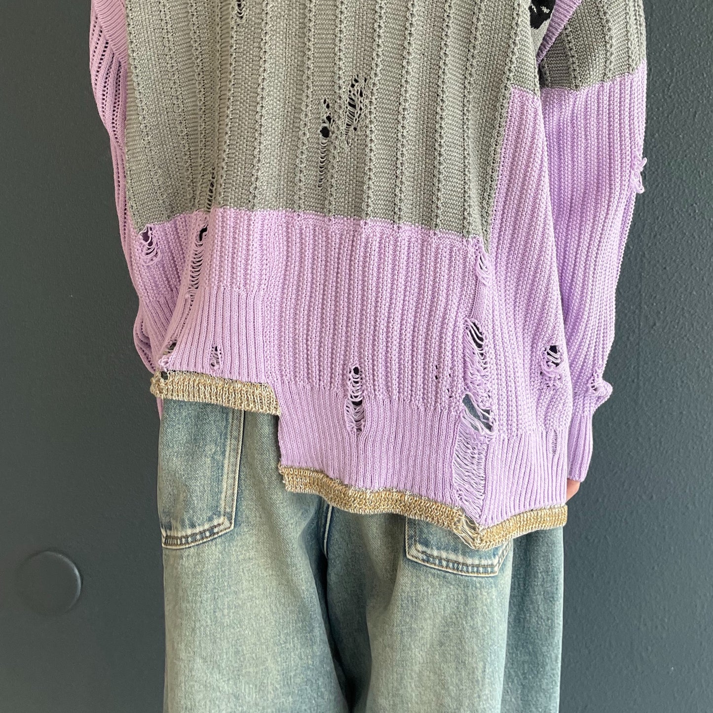 REVERSIBLE DISTRESSED SUMMER KNIT CARDIGAN/CHARACTER/ATOZ  / PURPLE / リバーシブルニットカーディガン