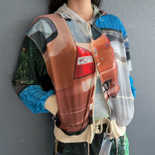 print zip up hoodie / car / プリントジップアップフーディー