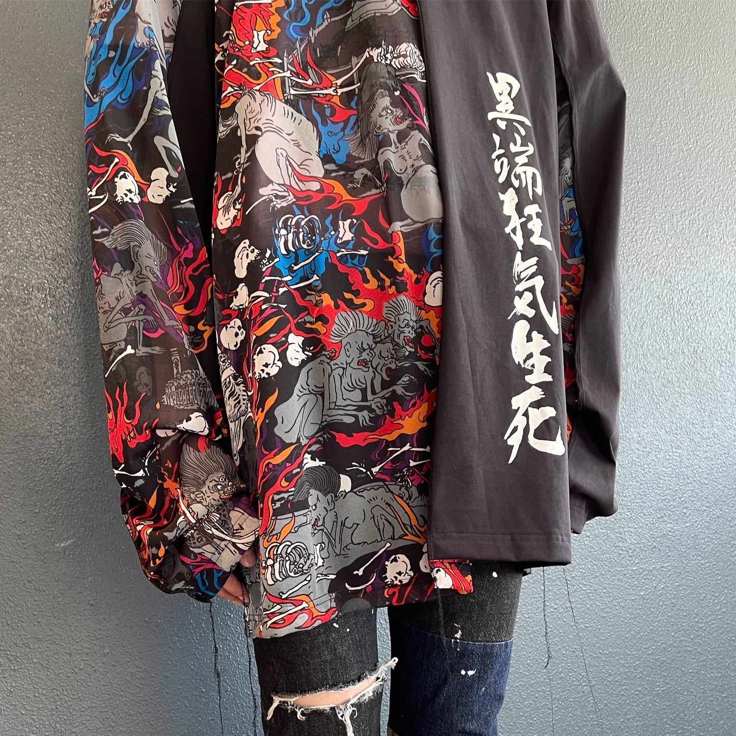 DOCKING SHEER LONG SLEEVE T-SHIRT RIGHT AND LEFT  / HUNGRY GHOST / プリントロングスリーブ