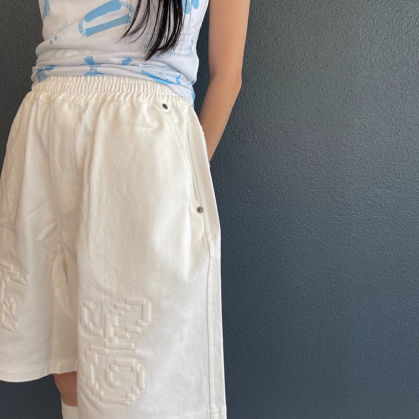 embroidery twill half pants / ivory / 刺繍ツイルハーフパンツ