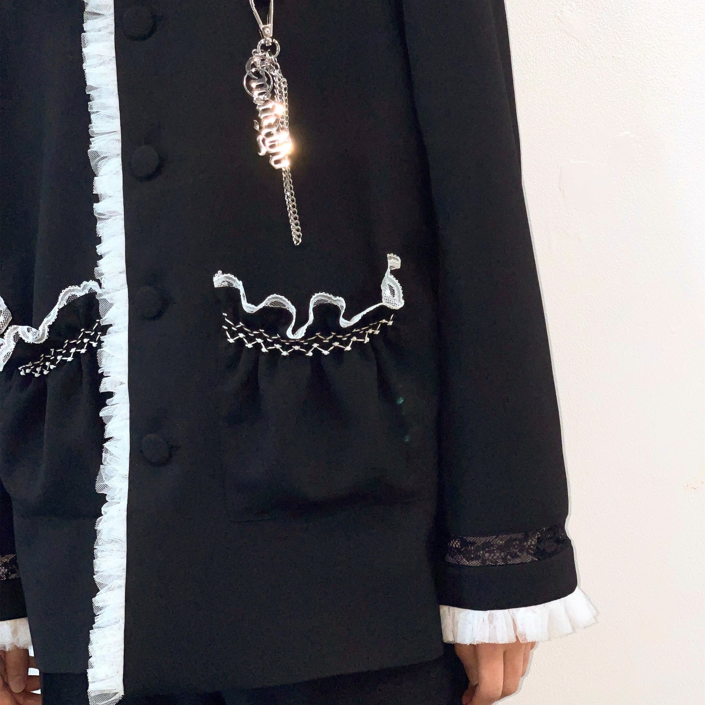 Wool-like lace jacket / Black / ノーカラーレースジャケット