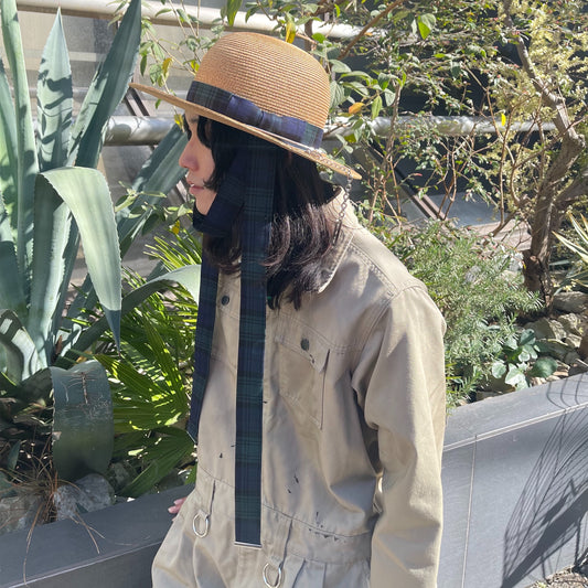 STRAW BOWLER HAT / CAMEL BLOWN / あご紐付きストローハット