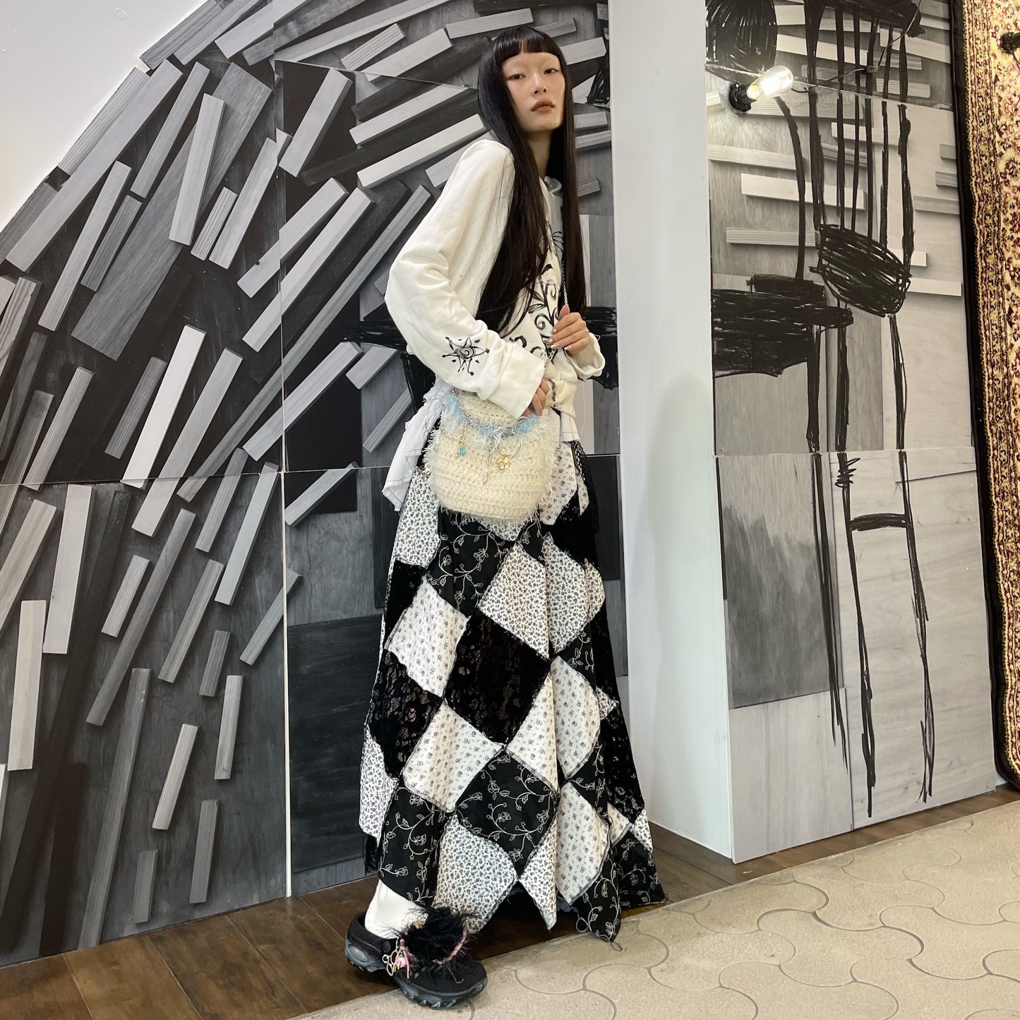 Patchwork shadow skirt / Black x White / パッチワークシャドウスカート