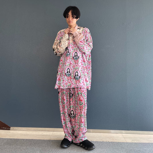 WIDE VELOUR PANTS GIRL PRINT PATTERN VEROUR STRETCH FABRIC / PINK GIRL / プリントベロアパンツ