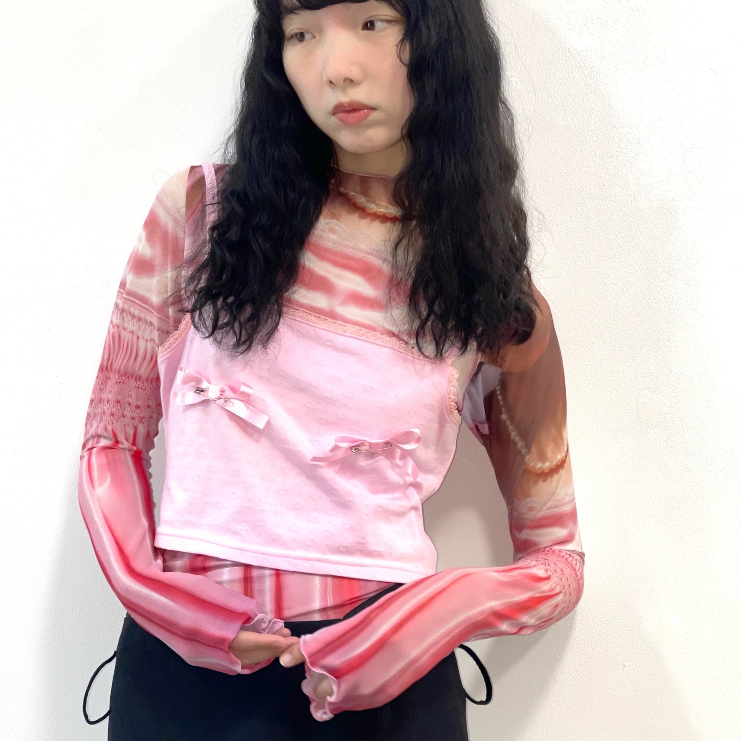 Fake dressed shirts / Pink / プリントネットトップ