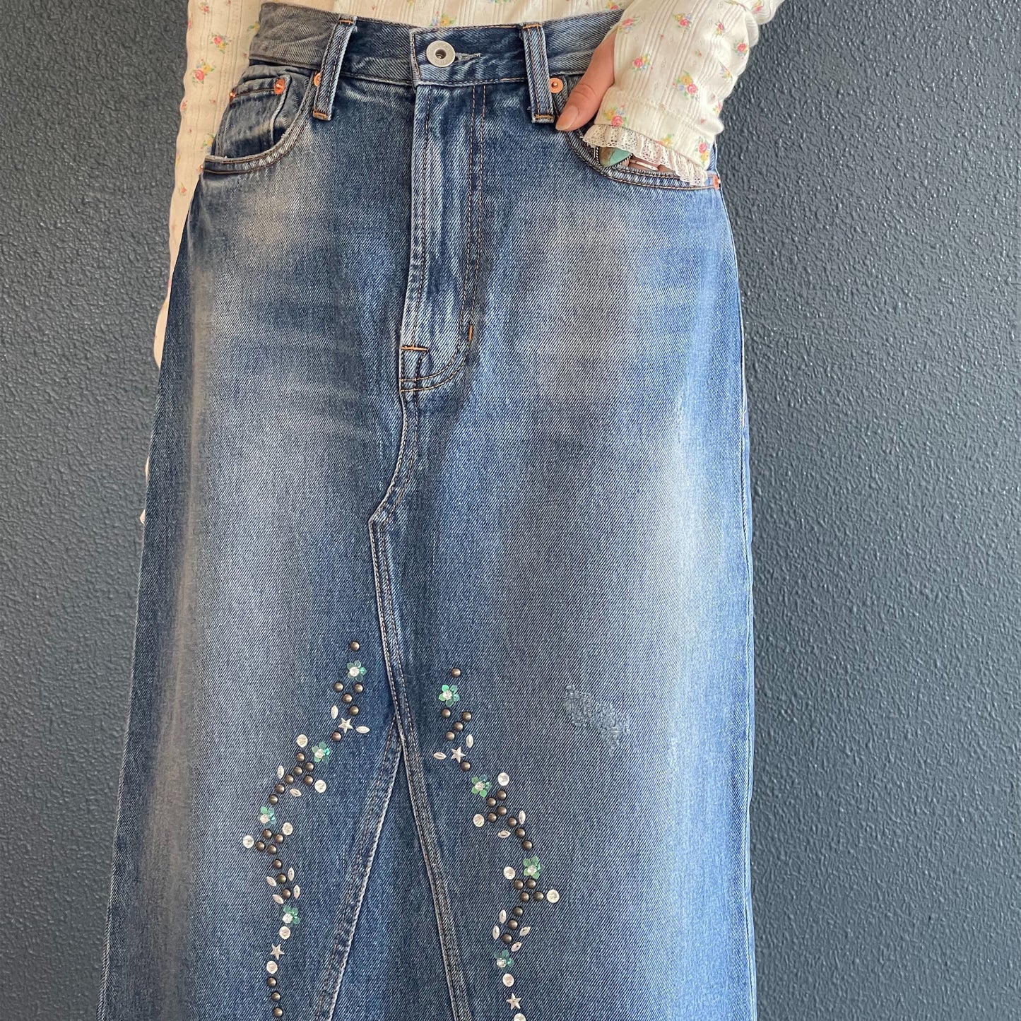 Denim beads skirt / blue / デニムビーズスカート