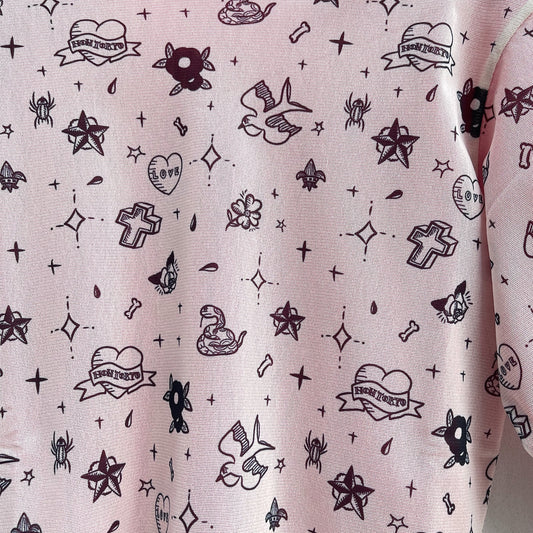 REVERSIBLE POWERNET HALF SLEEVE CUT ＆SEW / TATTOO × PINK / リバーシブルパワーネット半袖カットソー