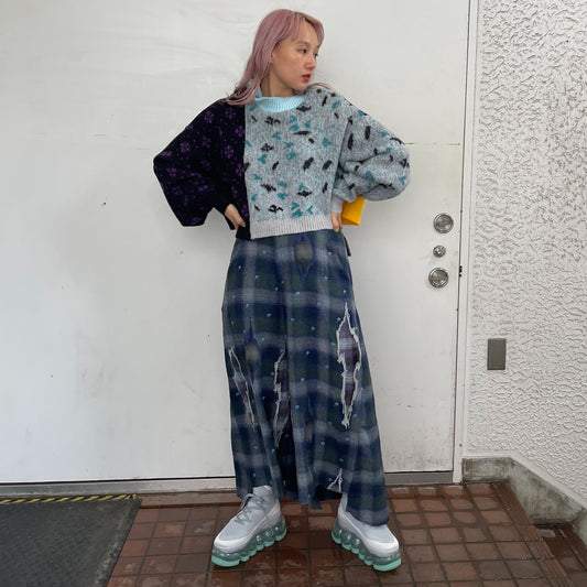 MIKIOSAKABE / WALL PAPER WIDE PANTS / BLUE CHECK / 刺繍