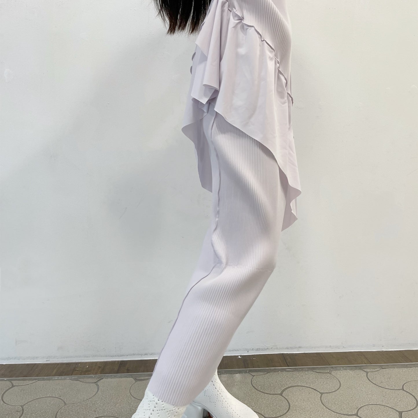 Todo wave long sleevedress Highneck type / Lilac / プリーツ