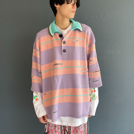 OVERSIZD BORDER POLO KNIT COLLAB WITH rurumu: / PINK × LAVENDER / ボーダーニットポロ